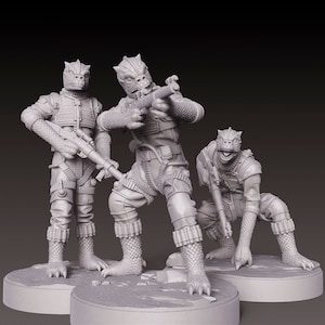 May include: Three grey, detailed, plastic figurines of reptilian humanoids, each holding a weapon. The figures are posed in a dynamic action stance.