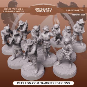 Può includere: Un set di otto miniature in plastica grigia di Conscritti Confederati, pre-supportate e pronte per la stampa 3D. Le miniature sono in varie pose di combattimento, con armi in mano. Il testo "Confederate Conscripts" è stampato in nero nella parte superiore dell'immagine. Il testo "Pre-Supported February 2025" è stampato in nero nella parte superiore destra dell'immagine. Il testo "PATREON.COM/DARKFIREDESIGNS" è stampato in nero nella parte inferiore dell'immagine.