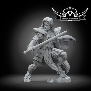 May include: A gray 3D printed miniature of a humanoid figure with goat legs, wearing a flowing robe and holding a sword. The figure has a serious expression and is posed in a fighting stance. The miniature is part of a fantasy role-playing game.
