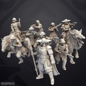 May include: A set of nine miniature figures, painted in a grey color, depicting warriors in samurai-inspired armor and helmets. Some figures are mounted on animal-like creatures, while others stand on their own. The figures are holding weapons, such as swords and rifles.