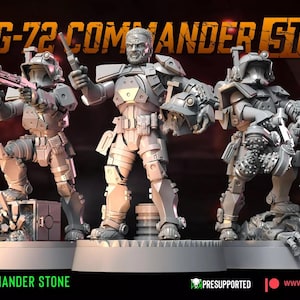 May include: A group of three detailed, gray miniature figures in futuristic armor, holding weapons. The figures are on circular bases, with the text "G-72 COMMANDER STONE" and "WAR BEAR STUDIOS" visible. The image has a dark background with red and orange accents.