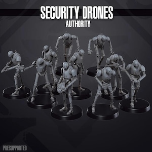 May include: A group of gray security drone figurines on black bases. The figurines are in various poses, some holding weapons. The text "SECURITY DRONES AUTHORITY" is at the top. The word "PRESUPPORTED" is at the bottom.