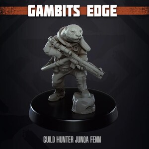 May include: A detailed figurine of a humanoid panda character holding a rifle, standing on a rock base. The figure is dressed in a military-style uniform. The text "GAMBITS EDGE" and "GUILD HUNTER JUNQA FENN" are displayed.