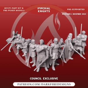 May include: A set of eight grey plastic miniature figures of Imperial Knights, a group of warriors from a fantasy or science fiction setting. The figures are posed in a variety of fighting stances, holding swords and other weapons. The figures are pre-supported and ready to be painted.