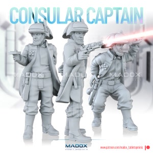 May include: Three gray plastic miniature figures of Star Wars characters wearing uniforms and holding weapons. The figures are standing on a white surface. The text "Consular Captain" is in the background.