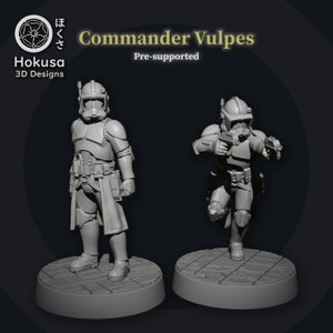 May include: Two gray 3D printed miniatures of Star Wars clone troopers, one standing at attention and the other in a running pose. The miniatures are pre-supported and ready to be printed.