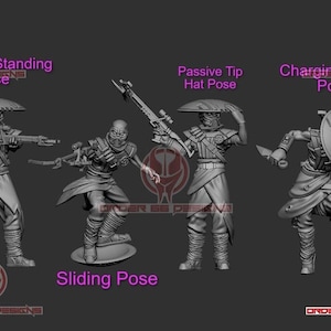 May include: Five miniature figures of a warrior wearing a helmet and carrying a weapon. The figures are in different poses, including standing, charging, and sliding. The figures are painted in a grey colour.