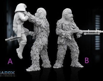 May include: Two gray plastic figurines, one of a Wookiee holding a gun and the other of a Stormtrooper being attacked by the Wookiee.