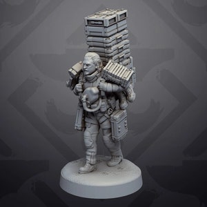May include: A gray 3D printed miniature of a futuristic soldier carrying a large stack of boxes on their back. The soldier is wearing a helmet and a backpack with various pouches and straps. The miniature is standing on a round base.