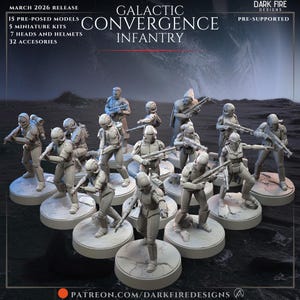 May include: A collection of pre-posed miniature models of Galactic Convergence Infantry. The models are in a neutral color, standing on circular bases. The image includes text indicating the release date, number of models, kits, heads, helmets, and accessories.