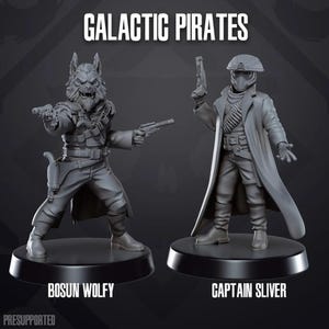 Puede incluir: Dos figuras en miniatura grises de 'Galactic Pirates'. Una, 'Bosun Wolfy', es un personaje parecido a un lobo con pistolas. La otra, 'Captain Sliver', lleva un casco y abrigo, también con una pistola. Ambas sobre bases negras.