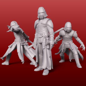 May include: Three gray plastic figurines of Star Wars characters wearing dark cloaks and helmets. The figures are posed in a dynamic action stance.