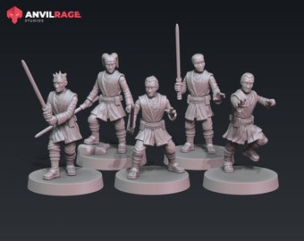 May include: Five gray plastic miniature figures of Jedi Knights, each with a lightsaber, standing on round bases.