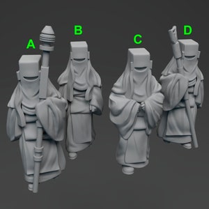 May include: Four grey figures wearing hooded robes and holding staffs. The figures are standing on a grey background.