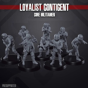 May include: A group of grey miniature soldier figurines, each on a black circular base. The text "LOYALIST CONTIGENT" and "CORE MILITIAMEN" is displayed at the top. The figurines are in various action poses, holding weapons, and wearing helmets and combat gear.