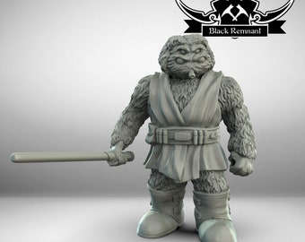 May include: A gray, furry, humanoid figure wearing a robe and holding a lightsaber. The figure has large, round eyes and a long, pointed nose. The figure is standing on a gray background. The text "Black Remnant" is visible in the background.
