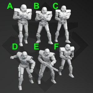 Peut inclure: Six figurines d'action en plastique blanc dans différentes poses. Les figurines portent une armure et tiennent des armes. Les figurines sont étiquetées de A à F.