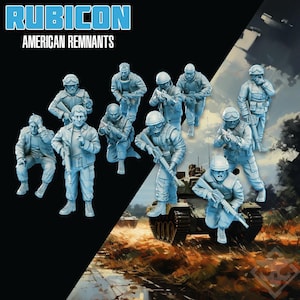 Puede incluir: Un grupo de soldados en miniatura de color azul claro en varias poses, sosteniendo rifles. La imagen presenta el texto "RUBICON AMERICAN REMNANTS" en la parte superior. El fondo muestra un tanque y una escena de guerra.