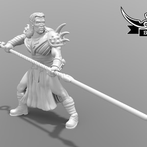 May include: A white plastic miniature figurine of a warrior holding a spear. The warrior is wearing armor and a skirt. The figurine is posed in a fighting stance.