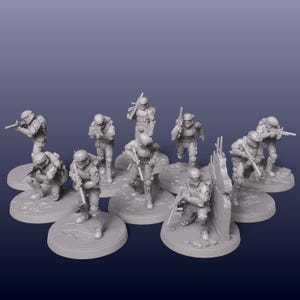 May include: A group of grey miniature soldier figurines in dynamic poses, each with a rifle. The figures are mounted on circular bases, some near a small, broken wall. The scene evokes a military or science fiction theme.