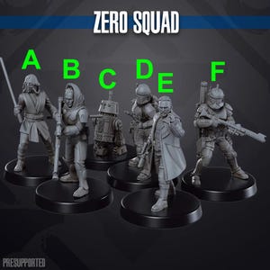 May include: Six grey miniature figurines on black circular bases. The figurines represent characters such as a droid, a figure with a lightsaber, and soldiers. The text "ZERO SQUAD" is displayed at the top. The word "PRESUPPORTED" is at the bottom.