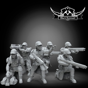May include: A group of six gray plastic miniature figures of soldiers wearing helmets and holding weapons. The figures are posed in a variety of action stances. The figures are part of a Black Remnant set.