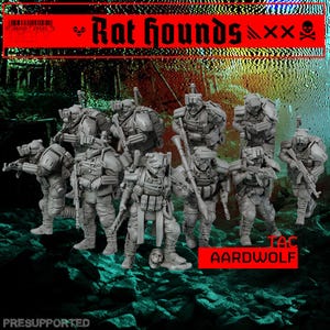 May include: A group of grey miniature soldier figurines in tactical gear, including helmets, vests, and rifles. The image features a red banner at the top with the text Rat hounds and a red box at the bottom right with the text TAC AARDWOLF.