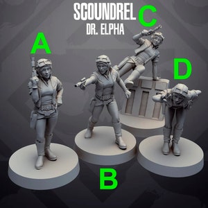 Puede incluir: Cuatro figuras en miniatura de plástico gris de un personaje femenino con una pistola bláster y un casco. Las figuras están de pie sobre bases redondas. El texto "SCOUNDREL DR. ELPHA" es visible en la parte superior de la imagen.