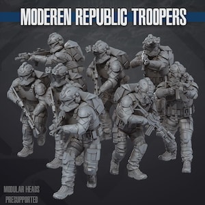 May include: A set of seven grey miniature soldier figurines titled MODEREN REPUBLIC TROOPERS. Each figure wears tactical gear, helmets with visors, and backpacks while holding rifles. The text MODULAR HEADS PRESUPPORTED is visible at the bottom.