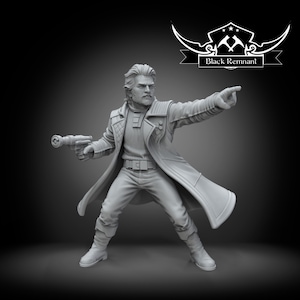 Peut inclure: Une figurine miniature grise représentant une personne avec une moustache, portant un long manteau sur un pull côtelé et un pantalon. Le personnage tient un pistolet futuriste dans une main et pointe vers l'avant. Le texte Black Remnant est visible.
