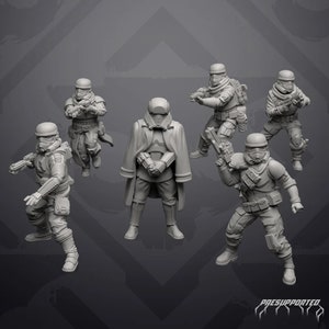 May include: Six grey plastic miniature figures of stormtroopers, one with a cape, all holding weapons. The figures are pre-supported and ready to be painted.