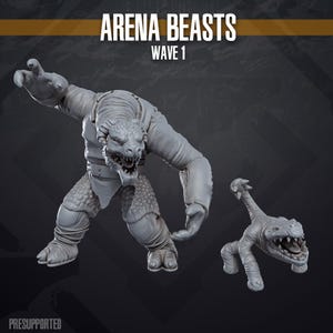 Peut inclure: Un ensemble de figurines en résine grise intitulé ARENA BEASTS WAVE 1, comprenant une grande créature reptilienne musclée aux écailles texturées avec des liens en corde sur les membres, et une créature quadrupède à la gueule ouverte.