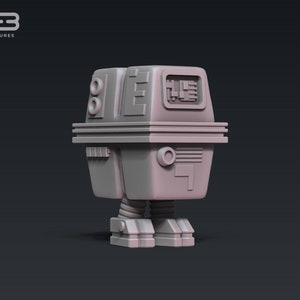 Peut inclure: Modèle d'un robot en 3D imprimé en gris, de petite taille et de forme carrée, avec une tête rectangulaire et deux yeux ronds. Le robot a une série de lignes et un petit cercle sur son corps. Le robot a deux jambes avec une série de petits cercles sur chaque jambe.