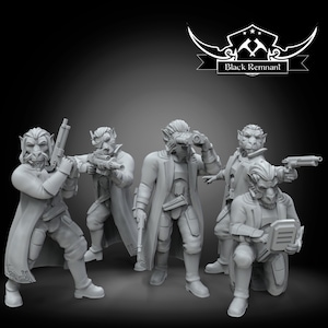 Puede incluir: Cinco figuras en miniatura pintadas de gris de criaturas humanoides con rasgos animales, que visten ropa futurista y sostienen armas. Las figuras están en una postura de acción dinámica. Las figuras están etiquetadas como "Black Remnant".