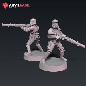Op de afbeelding: Twee grijze plastic action figuren van Star Wars Stormtroopers, elk met een blastergeweer. De figuren staan op ronde bases.