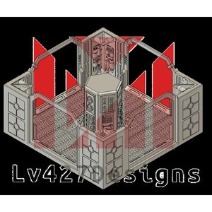 Könnte beinhalten: Ein 3D-gedrucktes Modell eines sechseckigen Raumes mit einem Bedienfeld und einer zentralen Konsole. Der Raum ist für die Verwendung in Brettspielen und Rollenspielen konzipiert.