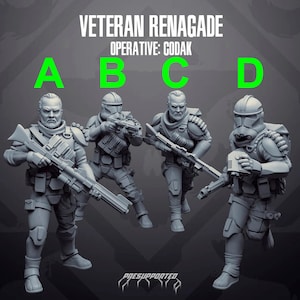 Op de afbeelding: Vier grijze plastic miniaturen van soldaten in gevechtshoudingen. De miniaturen zijn gelabeld met A, B, C en D. De tekst "Veteran Renegade" en "Operative: Codak" wordt boven de miniaturen weergegeven.