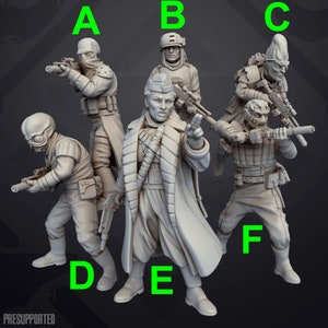 May include: A set of six grey plastic miniature figures, each with a unique design and holding a weapon. The figures are posed in a variety of action stances. The figures are labeled A through F.