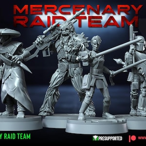 May include: A group of six gray mercenary figures, each with unique armor and weaponry, stand on individual circular bases. The figures include a Wookiee-like character, a female figure with a staff, and several figures with helmets and blasters. The text "MERCENARY RAID TEAM" is displayed.