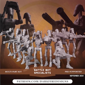 Può includere: Un set di miniature di droidi da battaglia in plastica multi-parte, stampate in 3D e non verniciate. Le miniature sono in varie pose d'azione e sono pronte per essere assemblate e dipinte. Le miniature fanno parte di un kit pre-supportato e sono disponibili su Patreon.com/DarkfireDesigns.  BATTLE BOT SPECIALISTS. SETTEMBRE 2024.