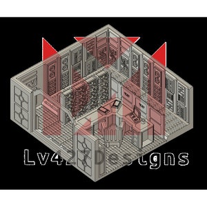 Könnte beinhalten: Ein 3D-gedrucktes Modell eines detaillierten Raumschiff-Innenraums mit einem Bedienfeld, einem Stuhl und einem Schreibtisch. Die Wände sind mit Paneelen und Knöpfen ausgekleidet. Der Boden ist mit einem Gittermuster strukturiert. Das Modell ist in hellgrau lackiert.