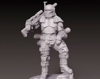 May include: A white, detailed, plastic figurine of a Mandalorian warrior with a rifle and a jetpack. The figure is standing on a small, rocky base.