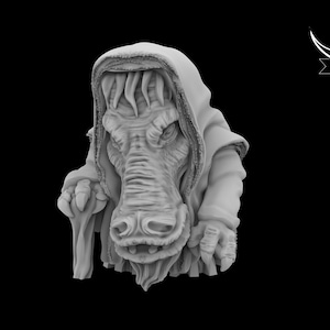Puede incluir: Figura gris detallada impresa en 3D de una criatura con una capa con capucha y un bastón. La criatura tiene un hocico largo, ojos grandes y manos con garras. El logotipo de Black Remnant está en la esquina superior derecha.