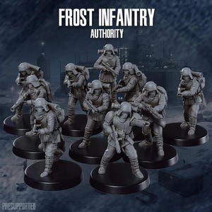 Può includere: Un set di dieci miniature di soldati in plastica grigia, che indossano elmi e portano armi. Le miniature sono disposte in cerchio su basi nere. Il testo "FROST INFANTRY AUTHORITY" è stampato nella parte superiore dell'immagine.