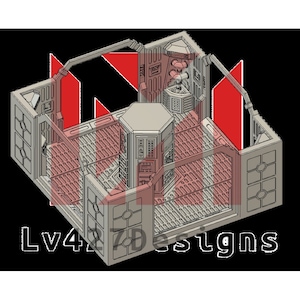 Könnte beinhalten: Ein 3D-gedrucktes Modell eines Raumschiff-Innenraums mit einem sechseckigen Bedienfeld mit Knöpfen und Lichtern sowie einem detaillierten Boden mit einem Gittermuster. Das Modell ist aus grauem Kunststoff gefertigt und für den Einsatz in Tischspielen oder als Ausstellungsstück konzipiert.