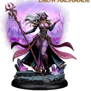 May include: A fantasy figurine of a Drow Archmage, a purple-skinned elf with white hair, wearing a detailed teal and purple outfit. She holds a staff with a crystal and a glowing orb. The base features crystals and a rocky texture.