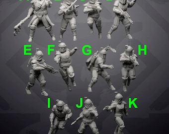 May include: A set of 11 gray plastic action figures of a Mandalorian warrior. The figures are posed in various action stances and are all wearing the same armor and helmet.
