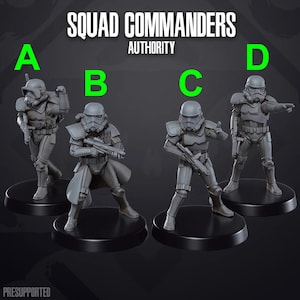 Op de afbeelding: Vier grijze plastic miniatuurfiguren van Star Wars Stormtroopers, elk staand op een zwarte ronde basis. De figuren zijn gelabeld met A, B, C en D. De tekst "Squad Commanders Authority" staat bovenaan de afbeelding.