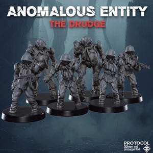 May include: A collection of gray miniature figures, including soldiers and a larger creature, on black circular bases. The figures are detailed with helmets, armor, and weapons. The text "ANOMALOUS ENTITY" and "THE DRUDGE" is displayed at the top.