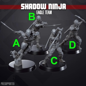 May include: Four gray Shadow Ninja action figures in dynamic poses, each holding a sword or gun. The figures are on black circular bases. The text "SHADOW NINJA EAGLE TEAM" is at the top of the image.